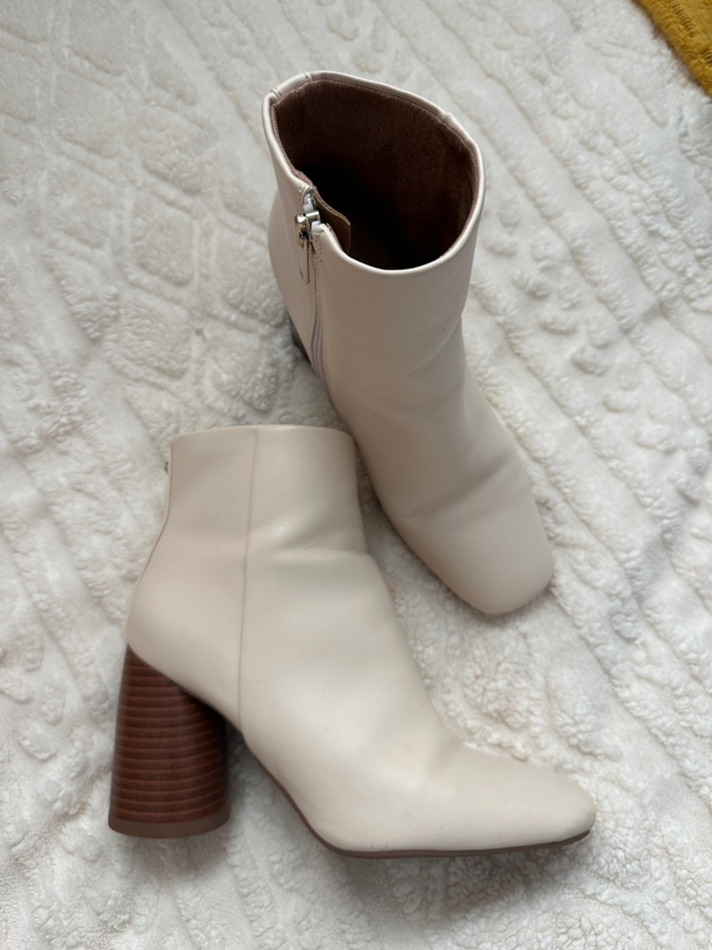 Sam & Libby Cream Ankle Booties with Stacked Wood Heel